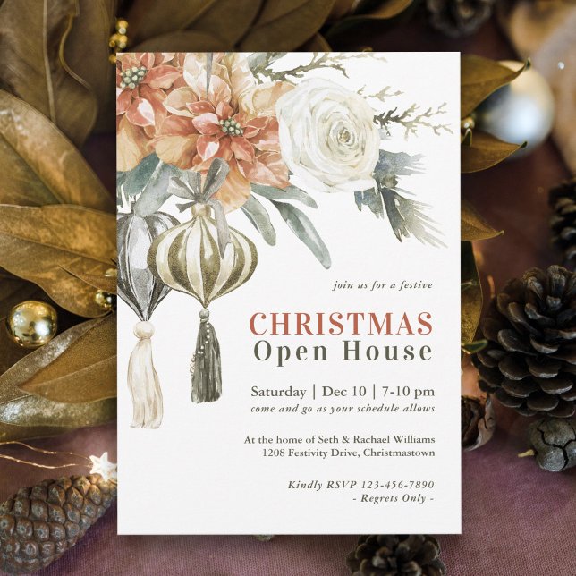 Invitation Aquarelle Poinsettias et ornements Open House (Rustic elegance with holiday charm in this watercolor floral Christmas Open House  Party Invitation.)