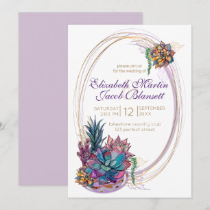 Invitation Aquarelle pointillée Succulente, Mariage violet