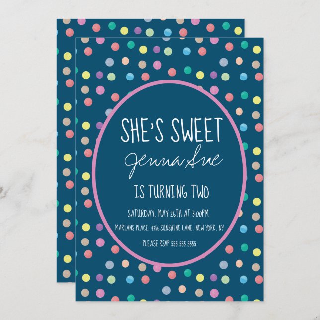 Invitation Aquarelle Points Anniversaire Fête Rose (Devant / Derrière)