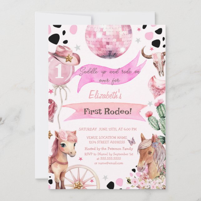 Invitation Aquarelle Pony Floral Rodeo Pois Anniversaire (Devant)