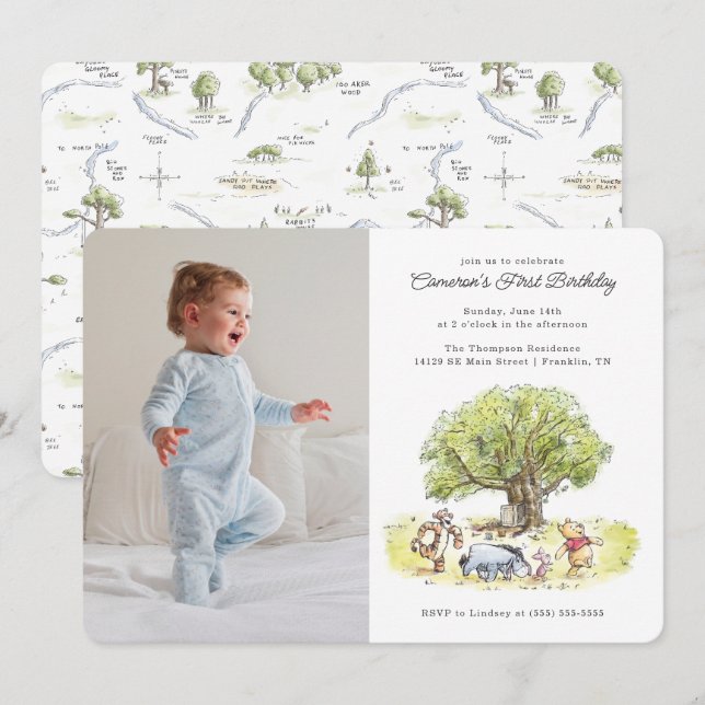 Invitation Aquarelle Pooh et Pals Premier anniversaire - Phot (Devant / Derrière)