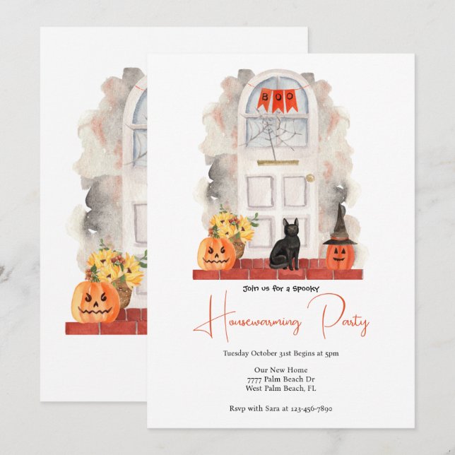 Invitation Aquarelle Porte avant Halloween Maison (Devant / Derrière)