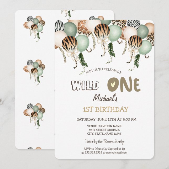 Invitation Aquarelle Poster de animal Ballons 1er anniversair (Devant / Derrière)