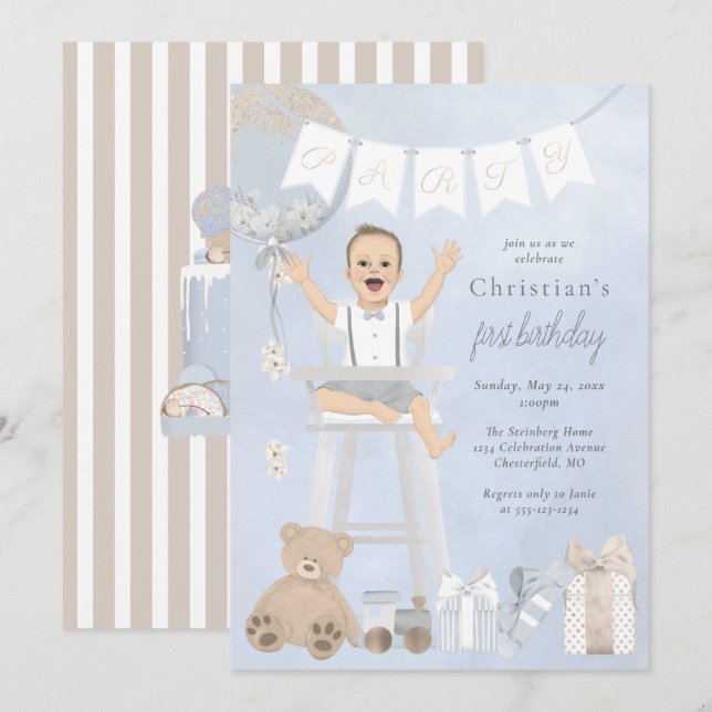 Invitation Aquarelle Premier anniversaire bébé en chaise haut (Devant / Derrière)