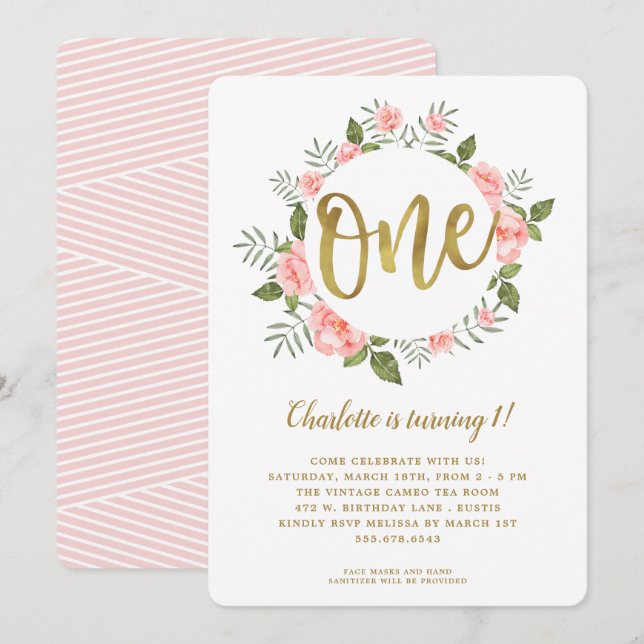Invitation Aquarelle Premier anniversaire Or et rose Floral (Devant / Derrière)