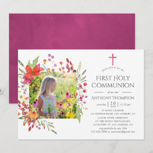 Invitation Aquarelle Première Sainte Communion Fleur Sauvage