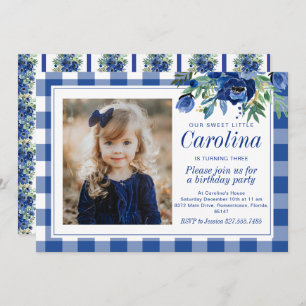 Invitation Aquarelle Preppy Marine Florals En vichy