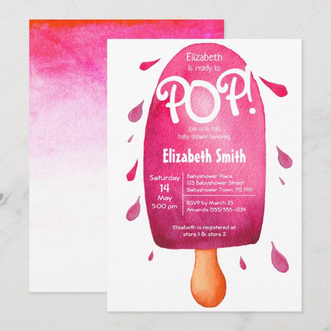 Invitation Aquarelle prête à pop baby shower bébé fille (Devant / Derrière)