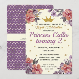 Invitation Aquarelle Princesse Fleurie & Paillettes Dorées Él