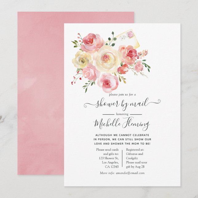 Invitation Aquarelle printanière Baby shower floral par courr (Devant / Derrière)