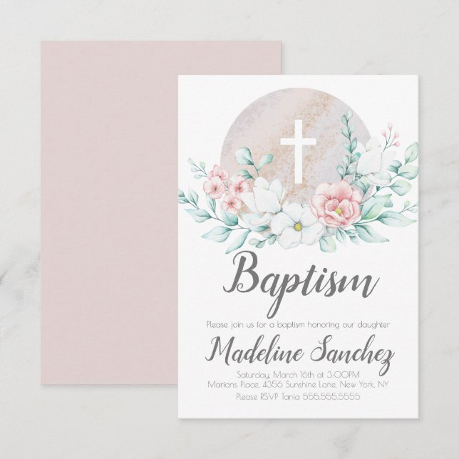 Invitation Aquarelle Printemps Baptême Floral Bébé Dédication (Devant / Derrière)