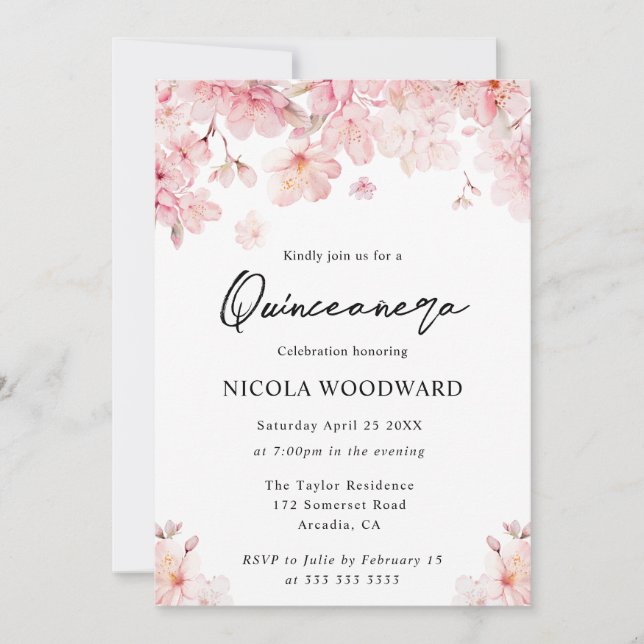 Invitation Aquarelle Printemps Fleurs de cerisiers Quinceaner (Devant)