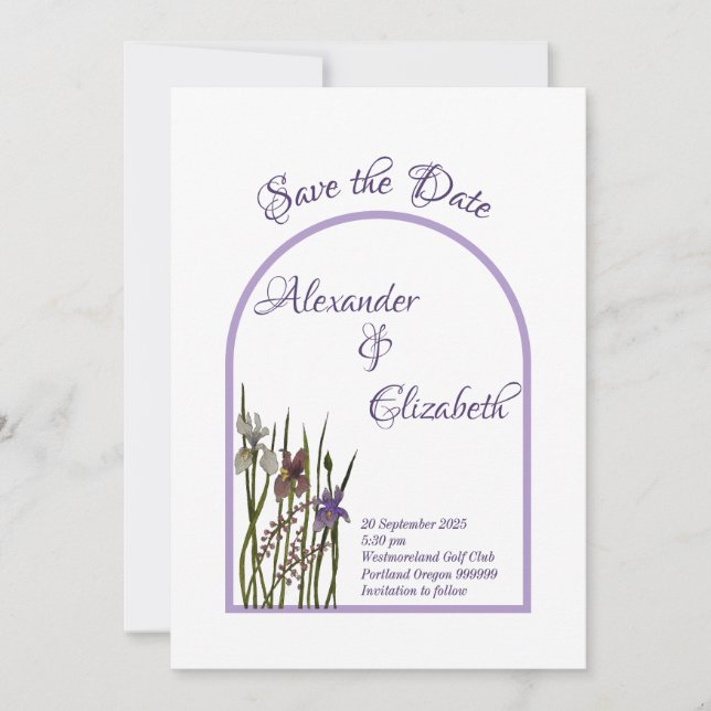 Invitation Aquarelle Purple & Blue Iris Enregistrer la date (Devant)
