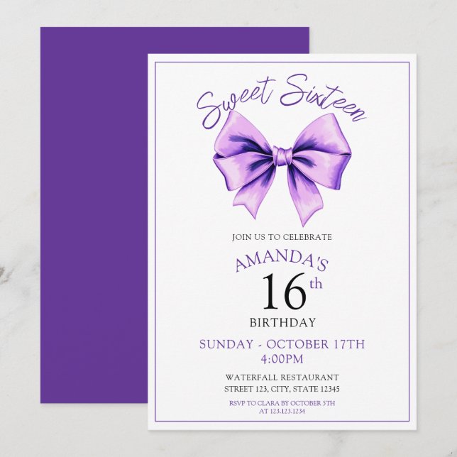 Invitation Aquarelle Purple Bow Sweet 16 Anniversaire (Devant / Derrière)