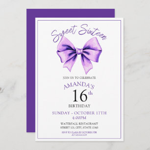 Invitation Aquarelle Purple Bow Sweet 16 Anniversaire