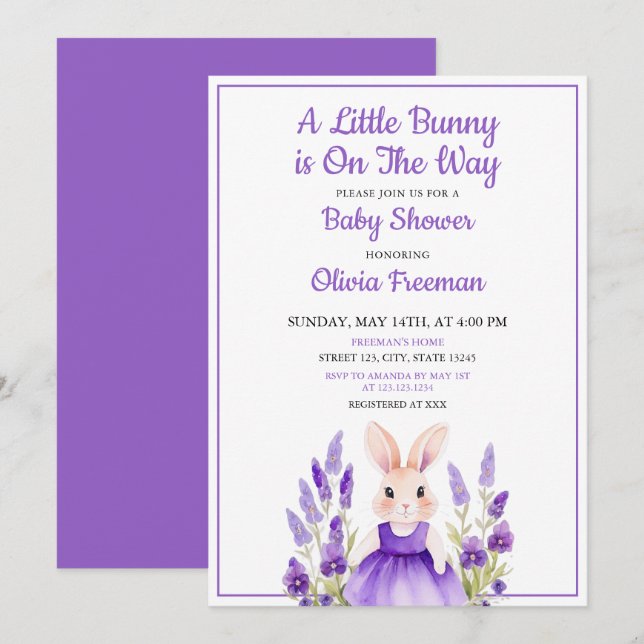 Invitation Aquarelle Purple Bunny Girl Baby shower Floral (Devant / Derrière)