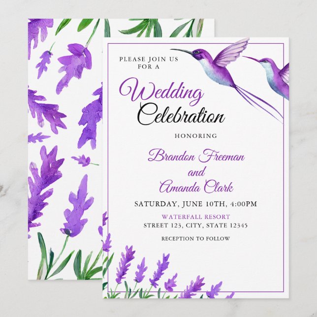 Invitation Aquarelle Purple Chic Floral Hummingbird Mariage (Devant / Derrière)