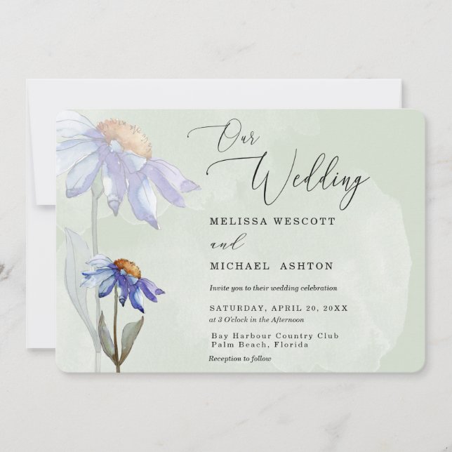 Invitation Aquarelle Purple Daisy Rustique Mariage Sage Green (Devant)