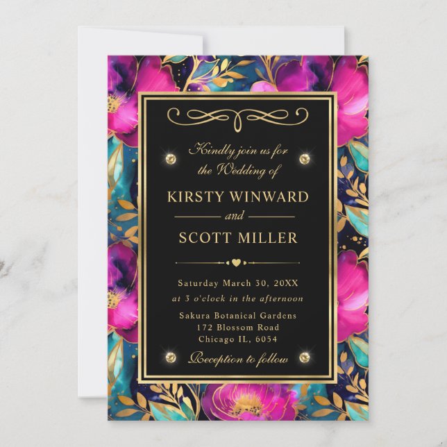 Invitation Aquarelle Purple et Fleurs Turquoises Mariage (Devant)