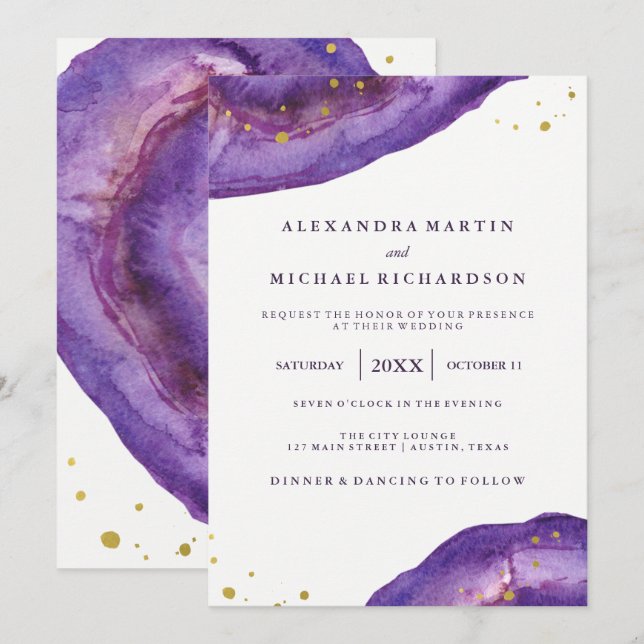 Invitation Aquarelle Purple et Gold Geode Mariage II (Devant / Derrière)