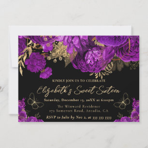 Invitation Aquarelle Purple et Sweet sixteen de fleurs d'or