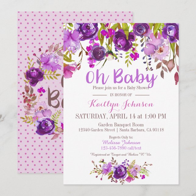 Invitation Aquarelle Purple Floral Baby shower moderne (Devant / Derrière)