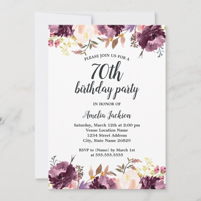 Invitation Aquarelle Purple Floral Bloom 70e anniversaire fêt (Devant)