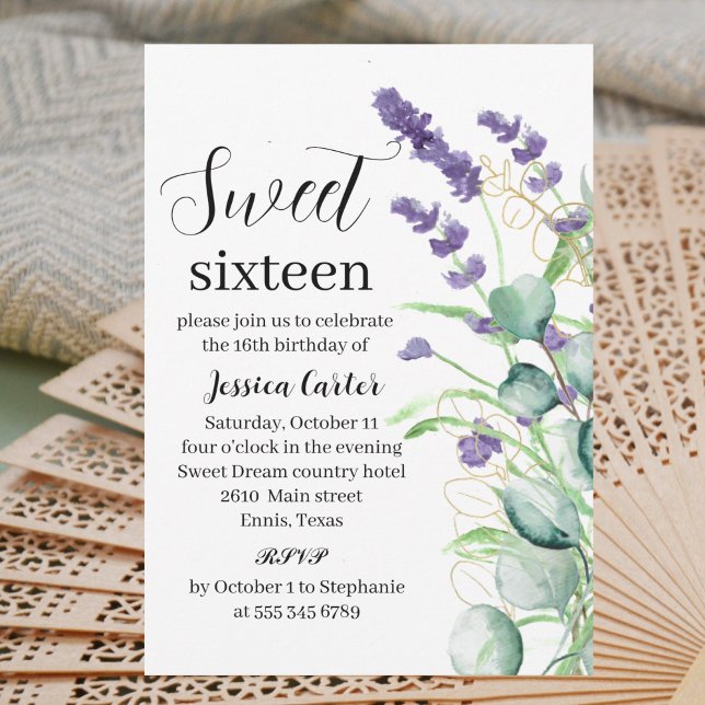 Invitation Aquarelle Purple Lavande Eucalyptus Sweet 16 (Créateur téléchargé)