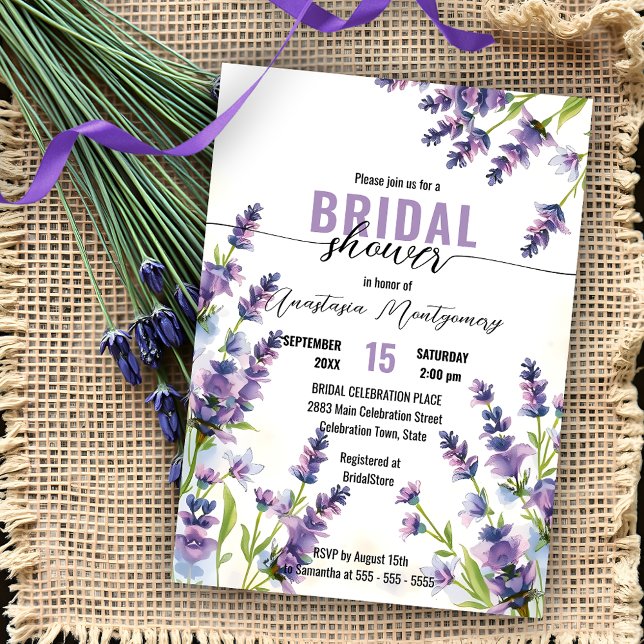 Invitation Aquarelle Purple Lavender Flowers Fête des mariées (Créateur téléchargé)
