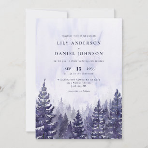 Invitation Aquarelle Purple Pine Tree Forest Code QR Mariage