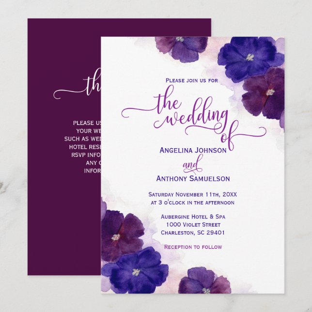 Invitation Aquarelle Purple Plum Royal Blue FlorMariage (Devant / Derrière)