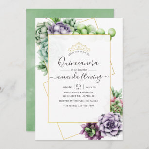 Invitation Aquarelle Quiceañera Géométrique Succulente