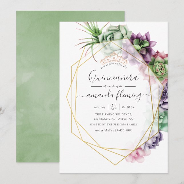 Invitation Aquarelle Quiceañera Géométrique Succulente (Devant / Derrière)