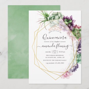 Invitation Aquarelle Quiceañera Géométrique Succulente