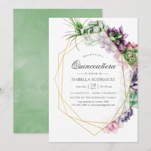 Invitation Aquarelle Quiceañera Géométrique Succulente