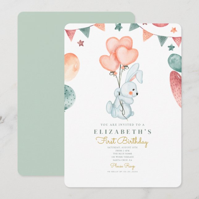 Invitation Aquarelle Rabbit Baloons mignons 1er anniversaire (Devant / Derrière)