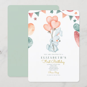 Invitation Aquarelle Rabbit Baloons mignons 1er anniversaire