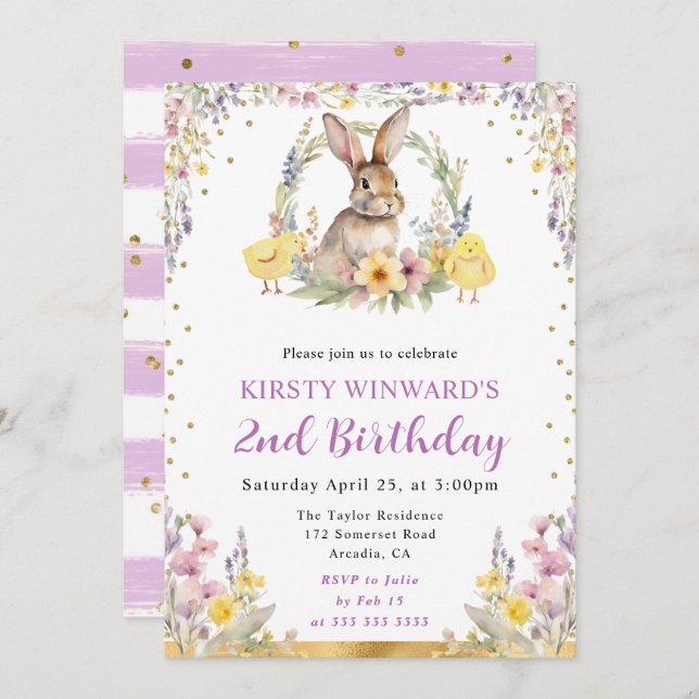 Invitation Aquarelle Rabbit de Pâques et fleurs Anniversaire (Devant / Derrière)