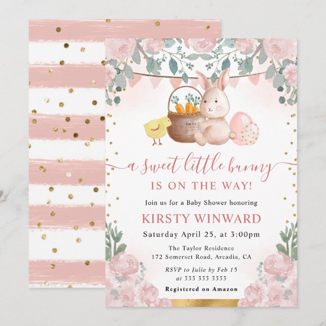 Invitation Aquarelle Rabbit et Baby shower de fleurs roses (Devant / Derrière)