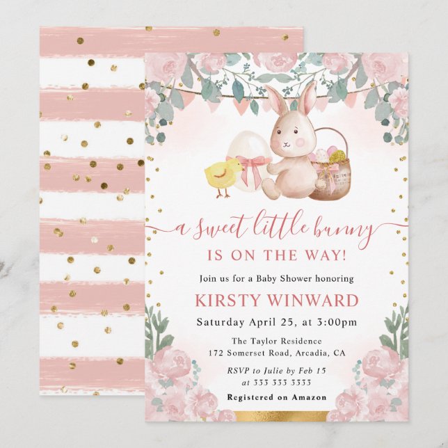 Invitation Aquarelle Rabbit et Baby shower de fleurs roses (Devant / Derrière)