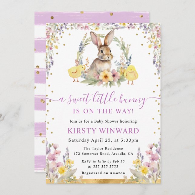 Invitation Aquarelle Rabbit et Baby shower Fleur sauvage (Devant / Derrière)