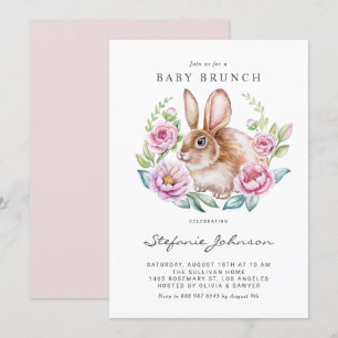 Invitation Aquarelle Rabbit et Fleurs roses Bébé Brunch