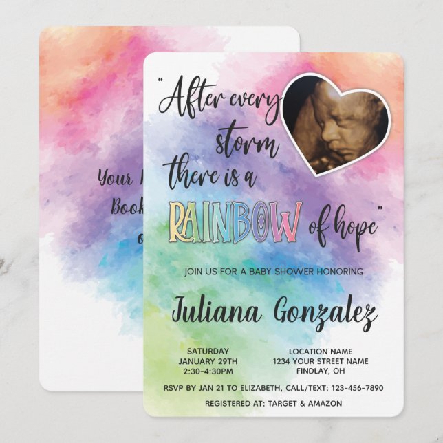Invitation Aquarelle Rainbow Baby Ultrasound Douche (Devant / Derrière)