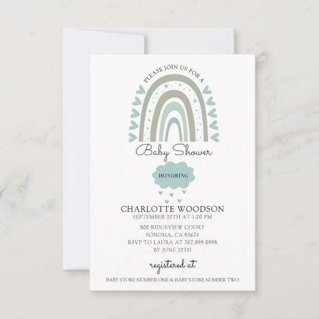 Invitation Aquarelle Rainbow Blue Baby Boy Douche (Devant)