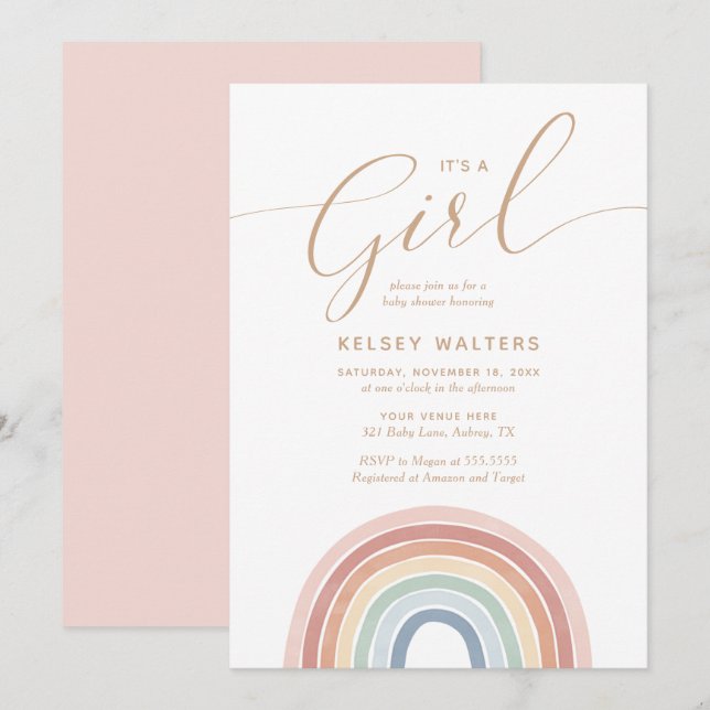 Invitation Aquarelle Rainbow C'est un Baby shower fille (Devant / Derrière)