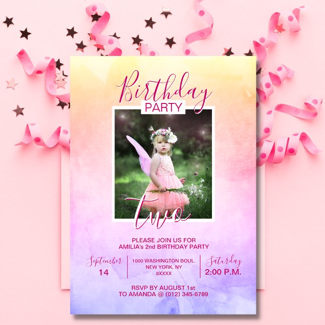Invitation Aquarelle Rainbow Girl ANNIVERSAIRE 2ème DEUX | PH (Créateur téléchargé)