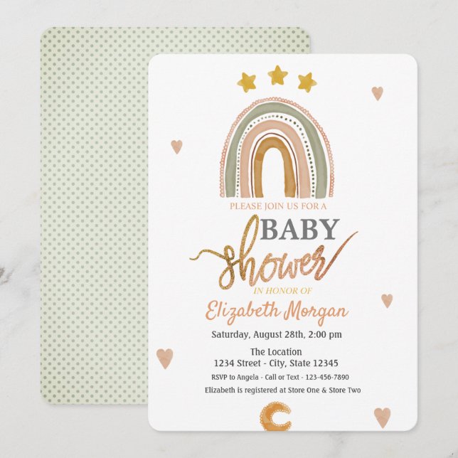Invitation Aquarelle Rainbow Stars Hearts Baby shower (Devant / Derrière)