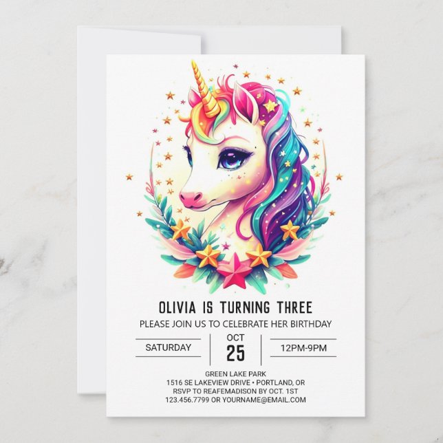 Invitation Aquarelle Rainbow Unicorn Anniversaire (Devant)