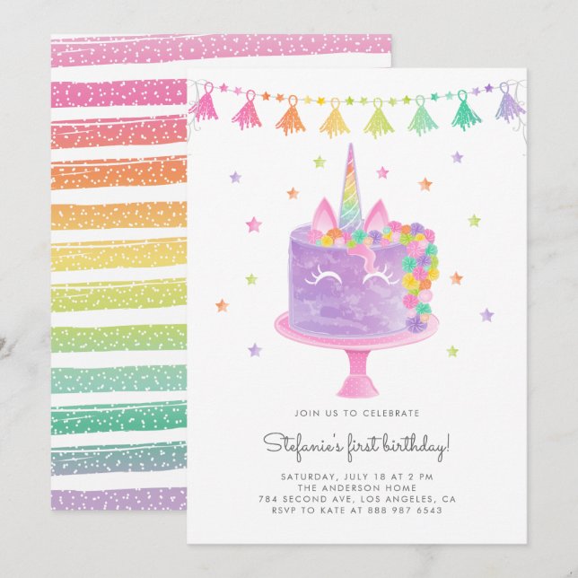 Invitation Aquarelle Rainbow Unicorn Cake Premier anniversair (Devant / Derrière)