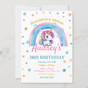 Invitation Aquarelle Rainbow Unicorn fille Anniversaire